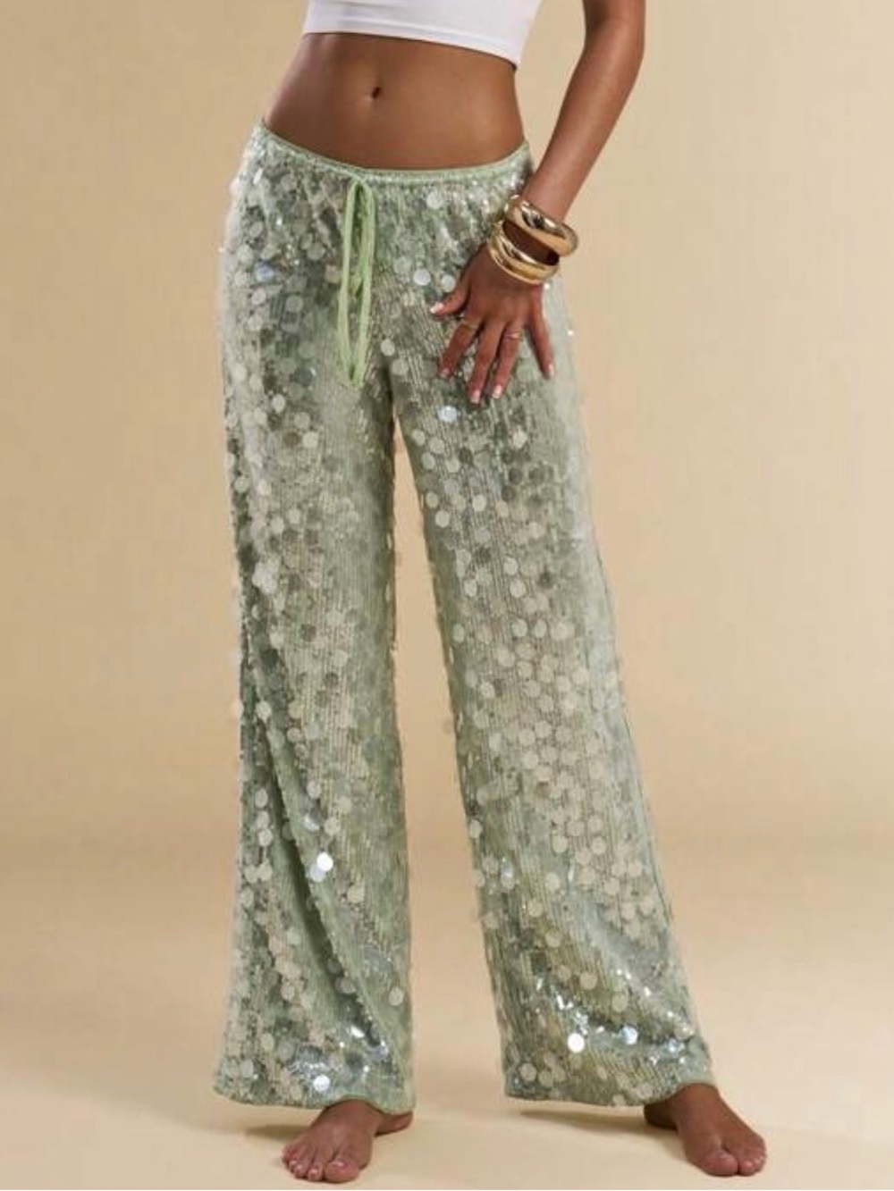 Sequin Wide-Leg Lounge Pants - Sage Green